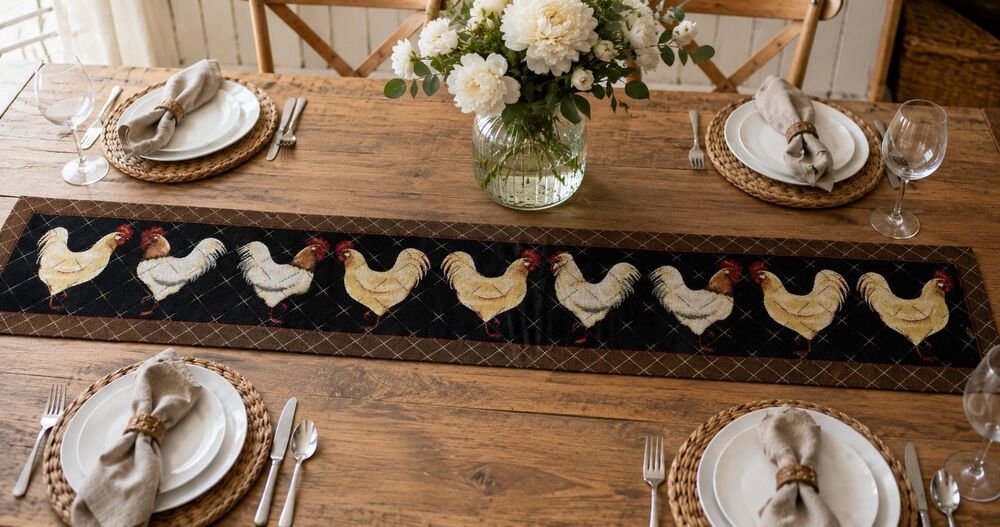 Vintage Handmade Rooster Table Runner Farmhouse Country Rustic Tapestry 70 x 12